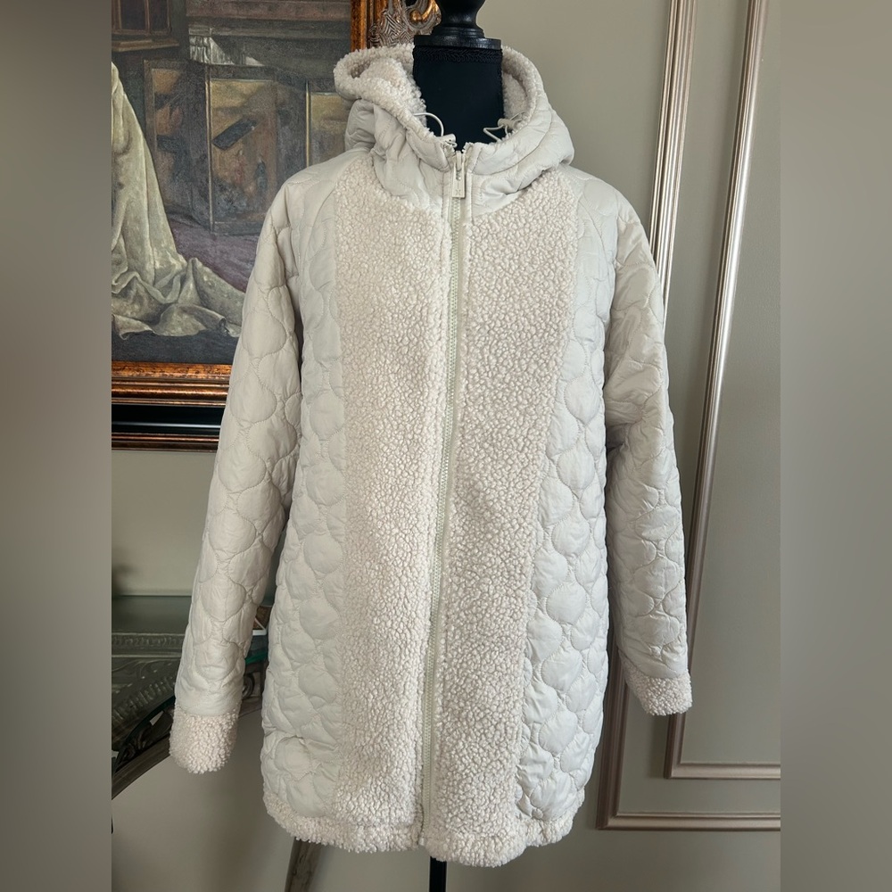 Hurley Cream Sherpa Quilted Hooded Jacket Oversized Cozy Fleece Puffer Hybrid L - Picture 5 of 9